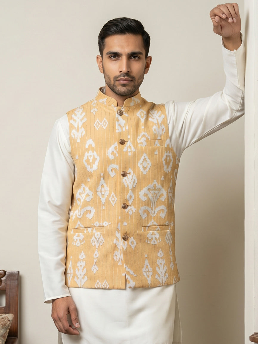 DesiQlo Men Printed Nehru Jacket and Kurta Pyjama Set - Yellow