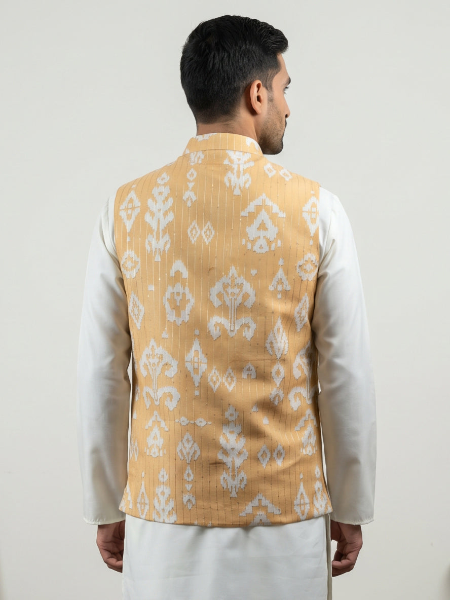 DesiQlo Men Printed Nehru Jacket and Kurta Pyjama Set - Yellow
