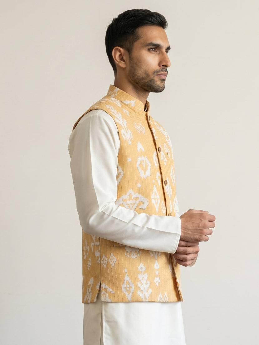 DesiQlo Men Printed Nehru Jacket and Kurta Pyjama Set - Yellow