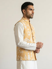 Men Ikat Printed Cotton Blend Nehru Jacket ( 65WC 4166Yellow )