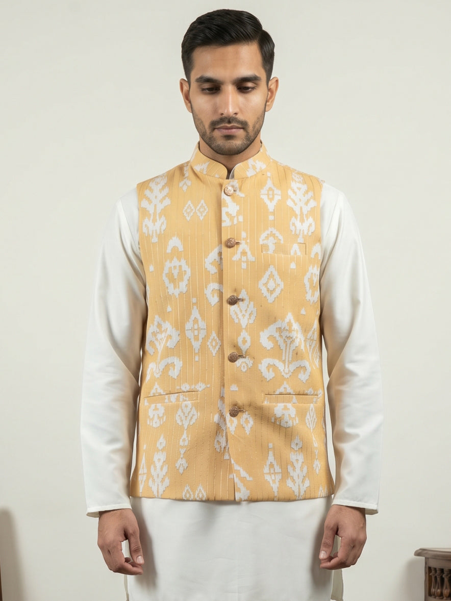 DesiQlo Men Printed Nehru Jacket and Kurta Pyjama Set - Yellow
