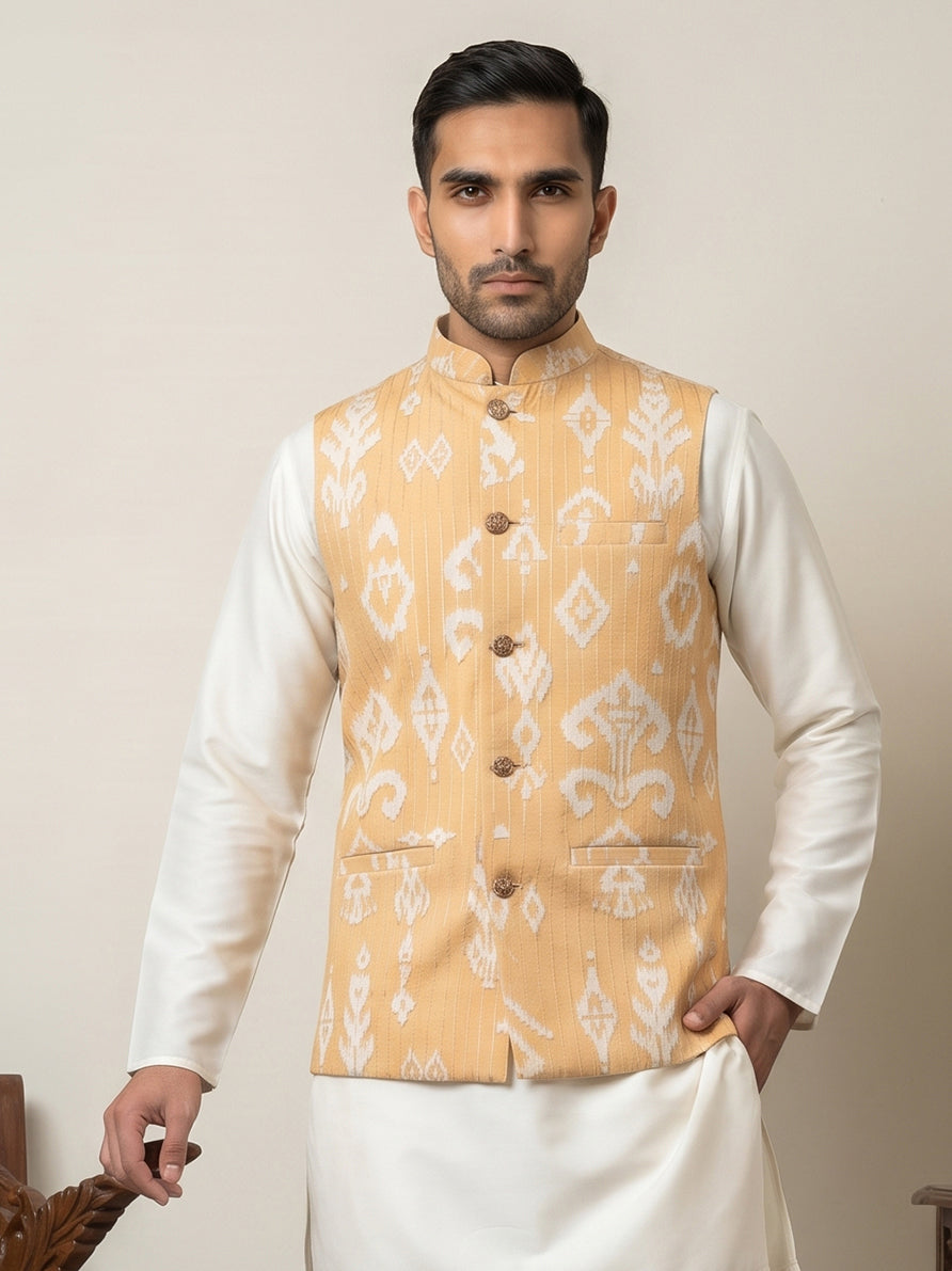 DesiQlo Men Printed Nehru Jacket and Kurta Pyjama Set - Yellow