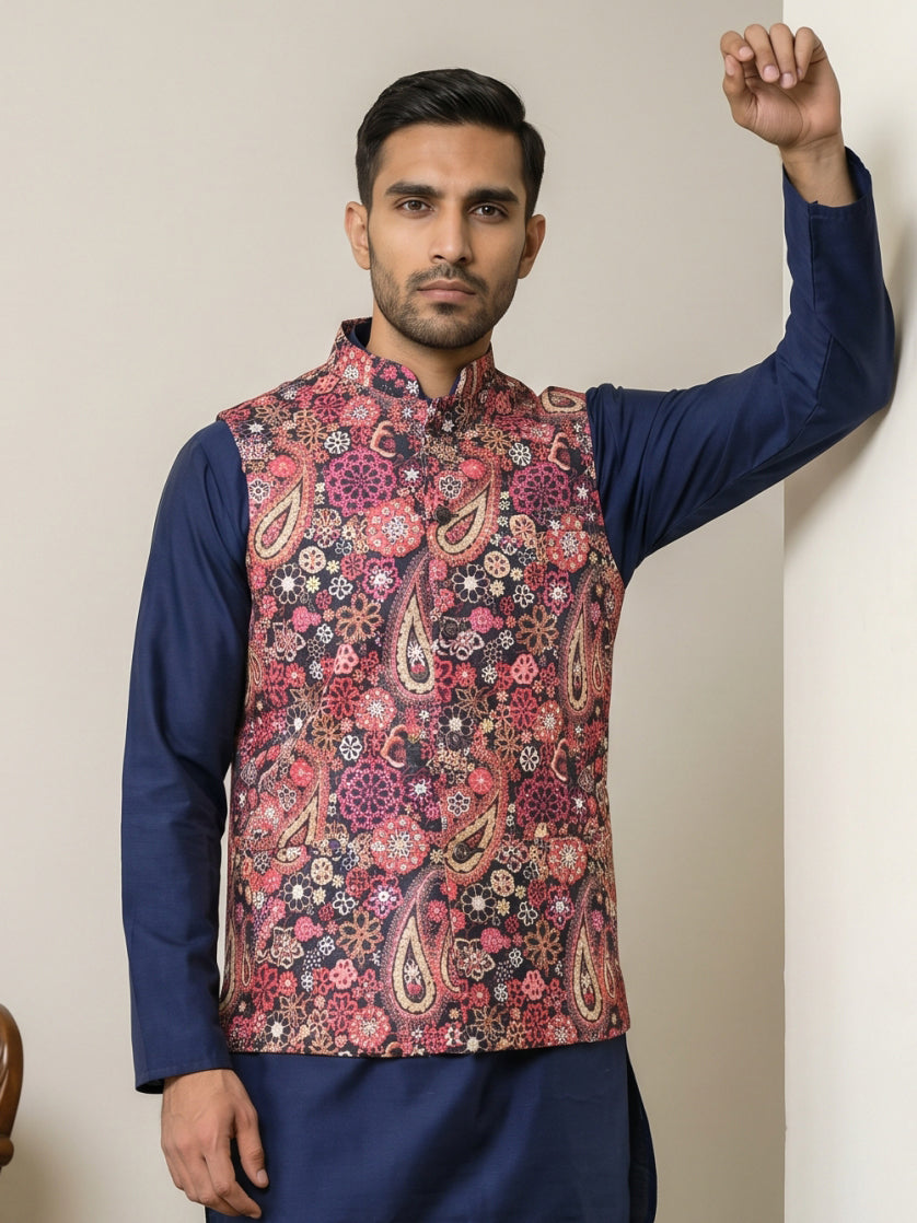 DesiQlo Men Printed Nehru Jacket and Kurta Pyjama Set...