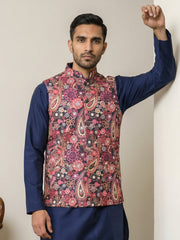 Paisley Floral Printed Cotton Blend Nehru Jacket ( 65WC 4167Multi )