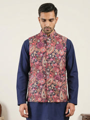 Paisley Floral Printed Cotton Blend Nehru Jacket ( 65WC 4167Multi )
