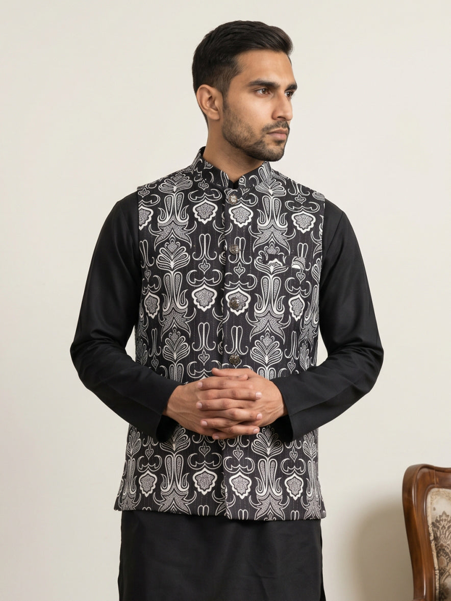DesiQlo Men Printed Nehru Jacket and Kurta Pyjama Set - - 65WC_4168Bla