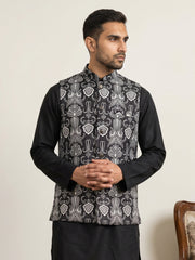 Geometric Motif Printed Cotton Blend Nehru Jacket ( 65WC 4168Black )