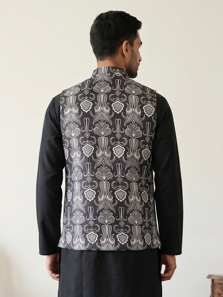 DesiQlo Men Printed Nehru Jacket and Kurta Pyjama Set - - 65WC_4168Bla
