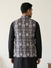 Geometric Motif Printed Cotton Blend Nehru Jacket ( 65WC 4168Black )