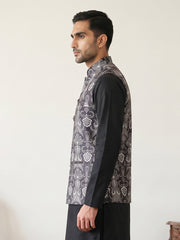 Geometric Motif Printed Cotton Blend Nehru Jacket ( 65WC 4168Black )