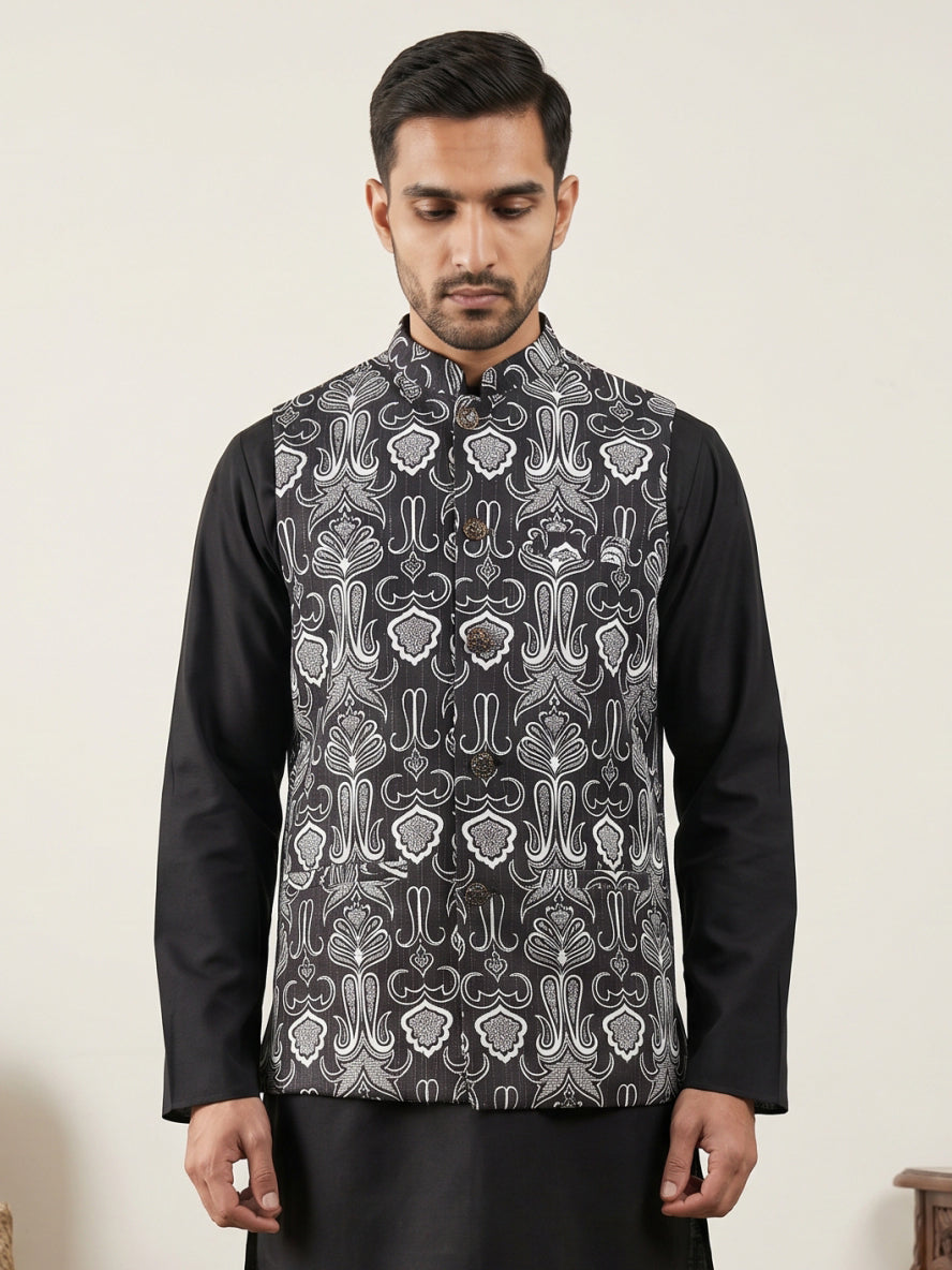 DesiQlo Men Printed Nehru Jacket and Kurta Pyjama Set - - 65WC_4168Bla