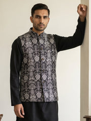 Geometric Motif Printed Cotton Blend Nehru Jacket ( 65WC 4168Black )