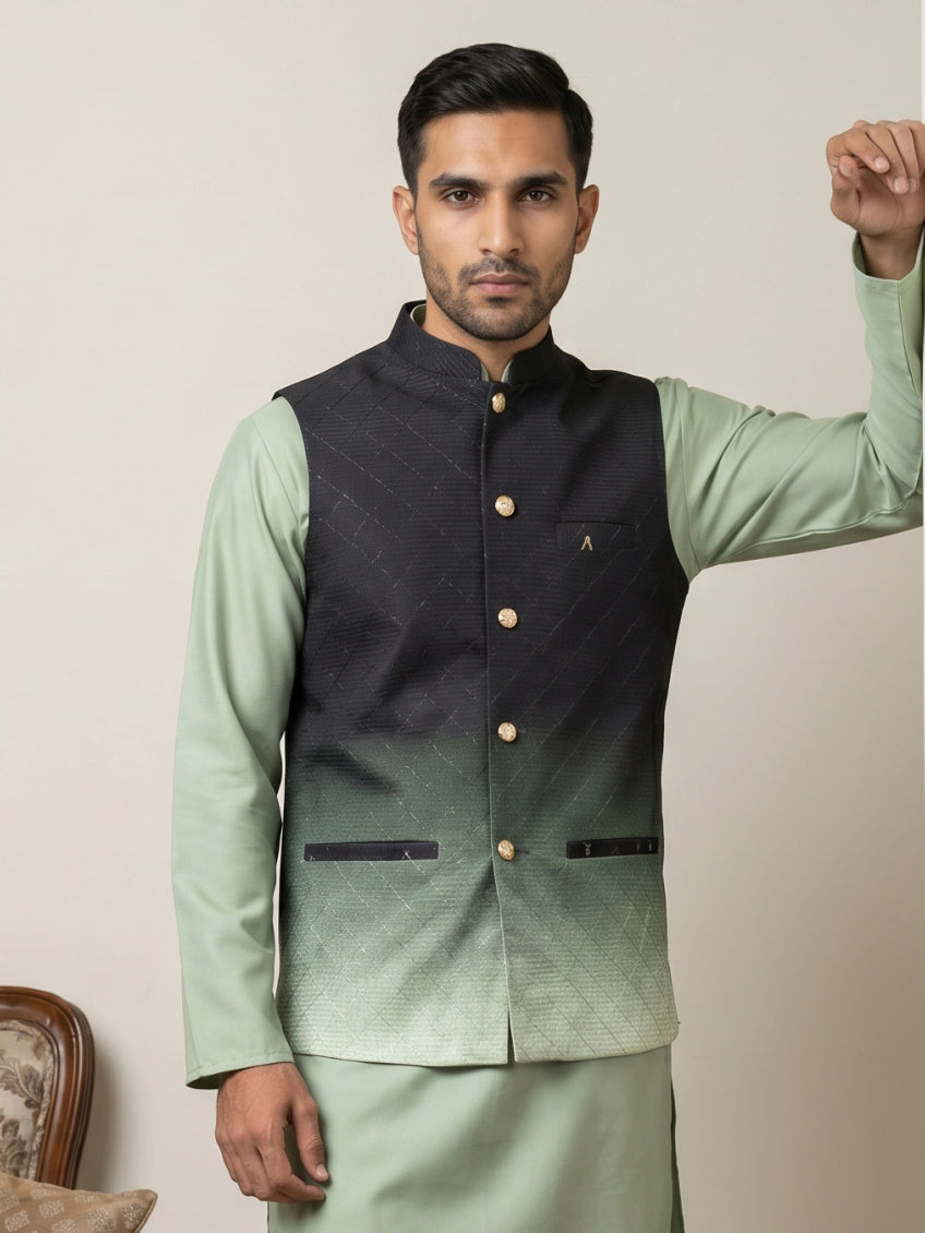 Ombre Textured Cotton Blend Nehru Jacket ( 65WC 4169Black )