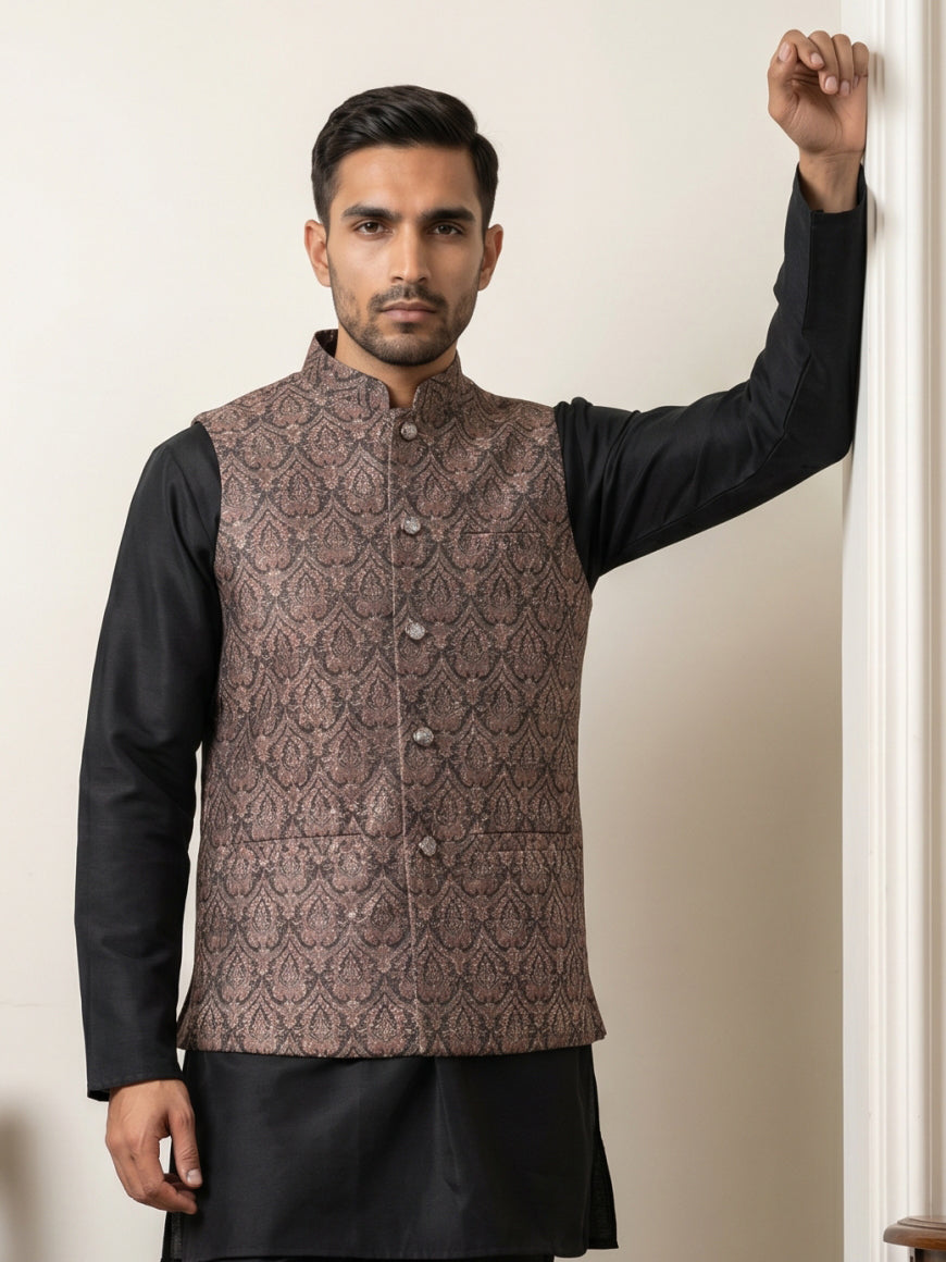 Traditional Embroidered Cotton Blend Nehru Jacket ( 65WC 4170Brown )