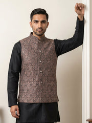 Traditional Embroidered Cotton Blend Nehru Jacket ( 65WC 4170Brown )