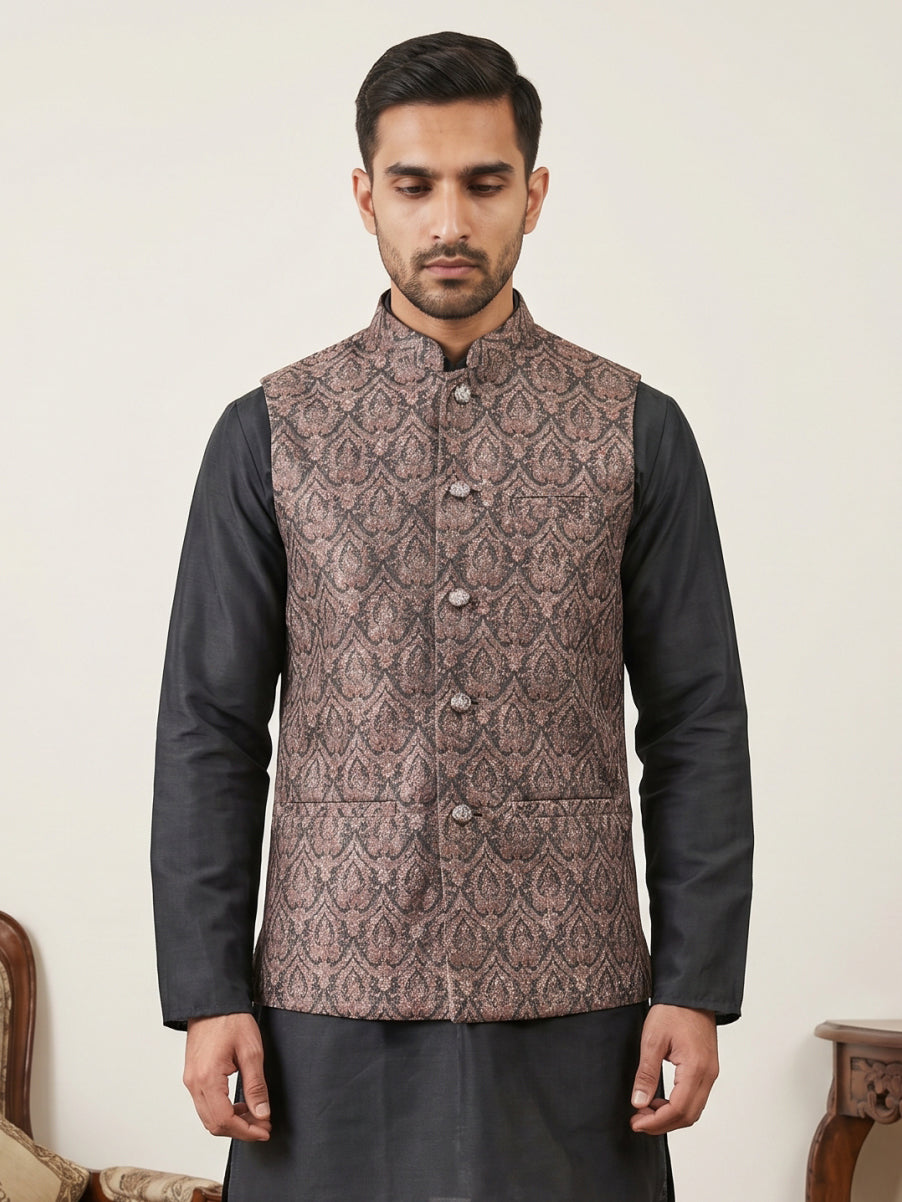 DesiQlo Men Embroidered Nehru Jacket and Kurta Pyjama S - 65WC_4170Bro