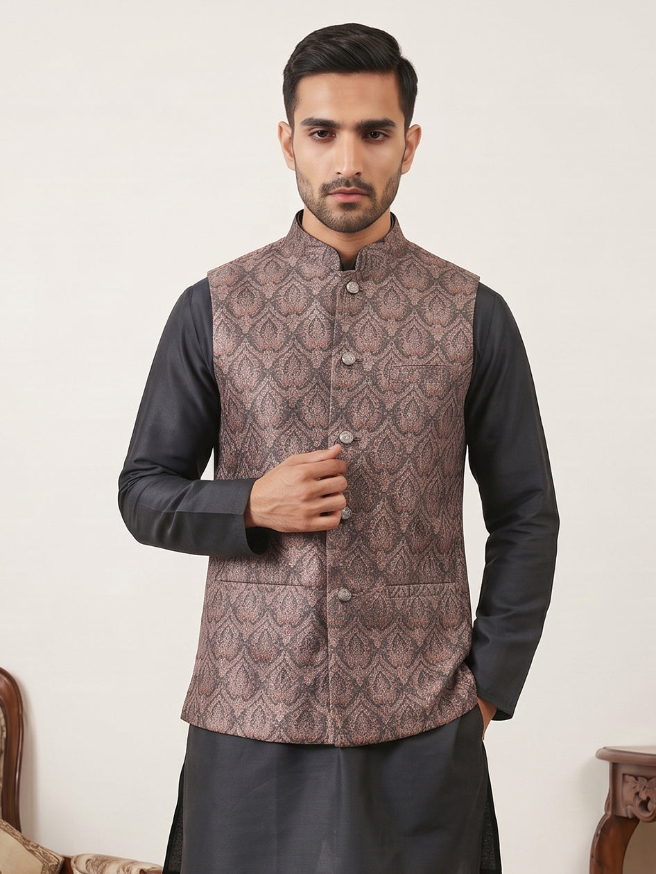 DesiQlo Men Embroidered Nehru Jacket and Kurta Pyjama S - 65WC_4170Bro