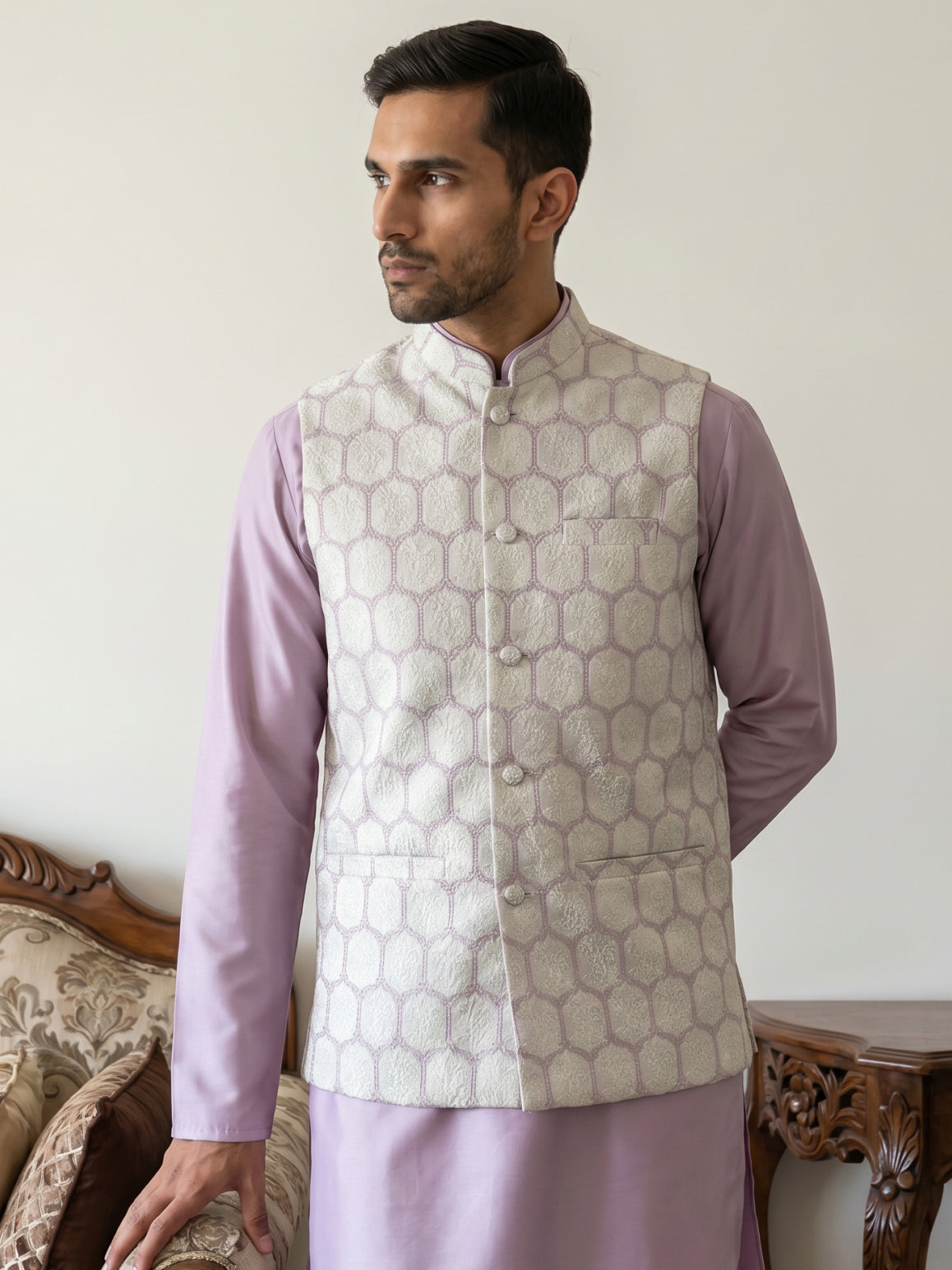 Geometric Embroidered Cotton Blend Nehru Jacket ( 65WC 4171Off-White )