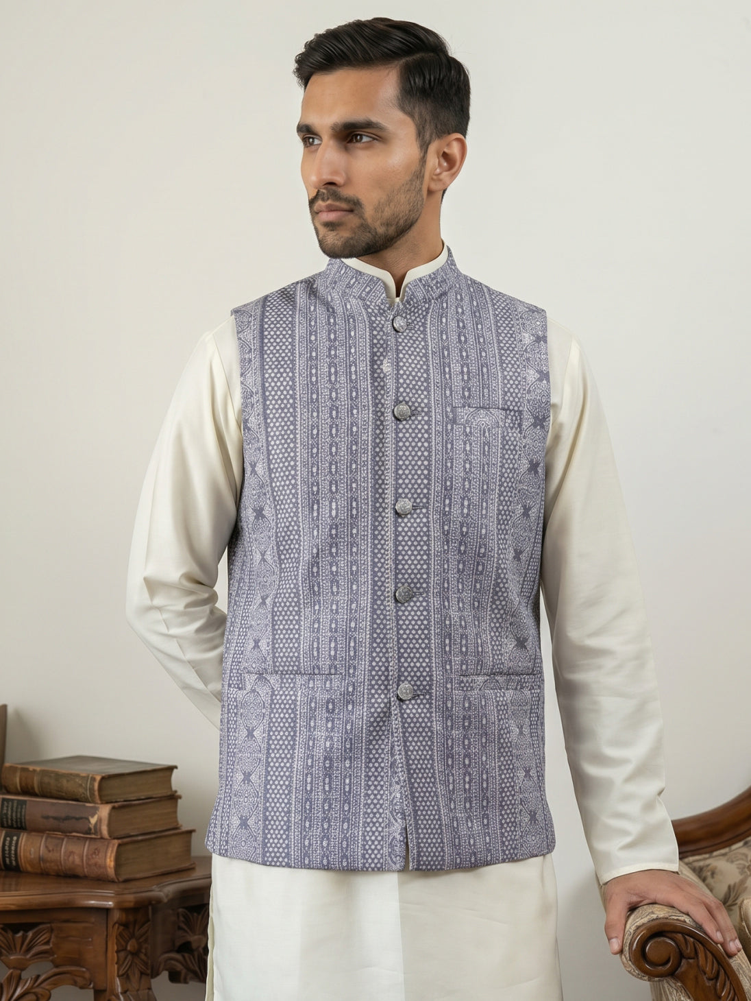 Traditional Woven Design Cotton Blend Nehru Jacket ( 65WC 4172Blue )