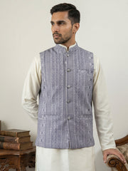 Traditional Woven Design Cotton Blend Nehru Jacket ( 65WC 4172Blue )