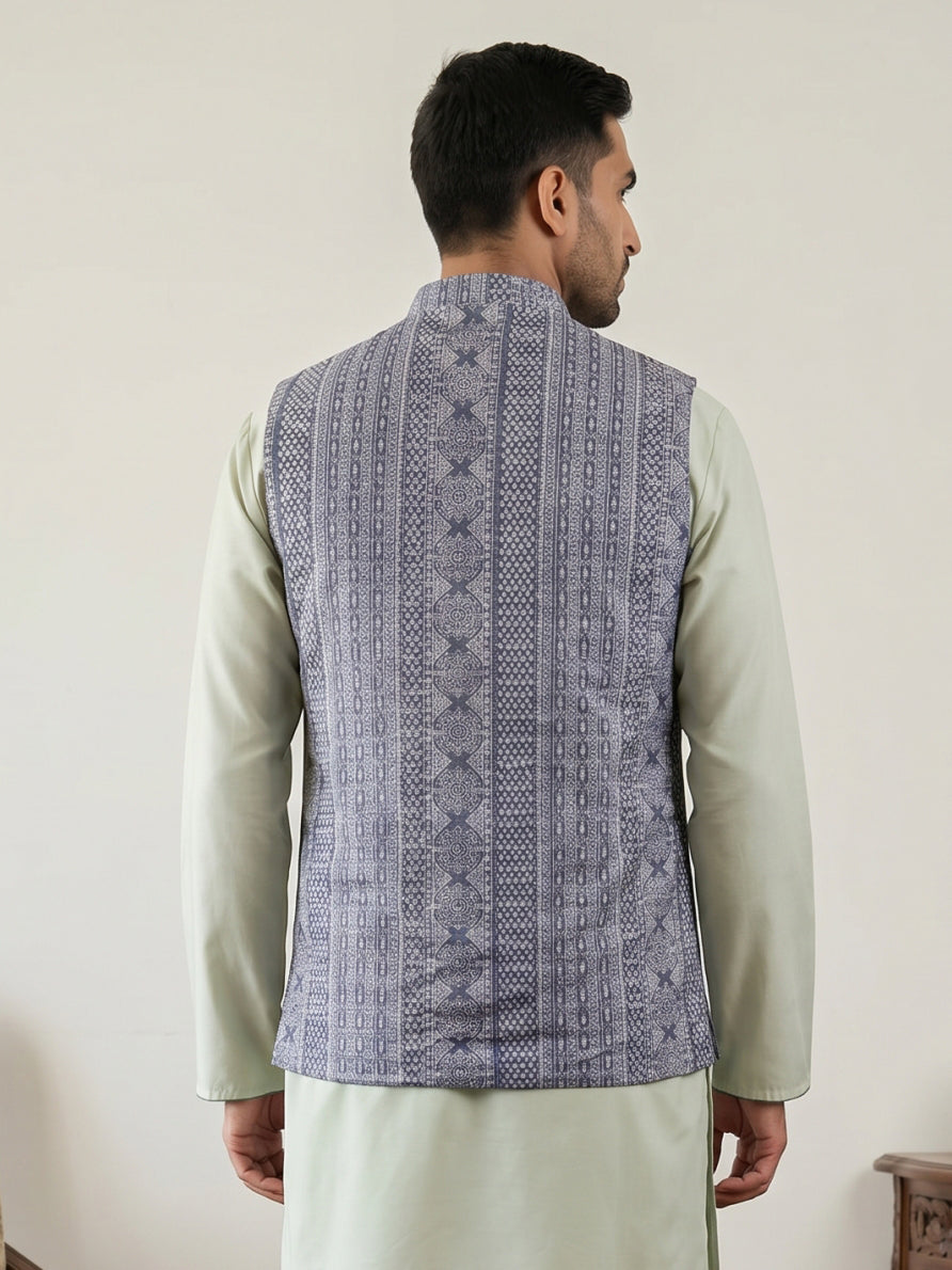 DesiQlo Men Woven Design Nehru Jacket and Kurta Pyjama Set - Blue