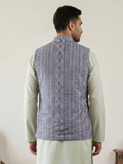 Traditional Woven Design Cotton Blend Nehru Jacket ( 65WC 4172Blue )