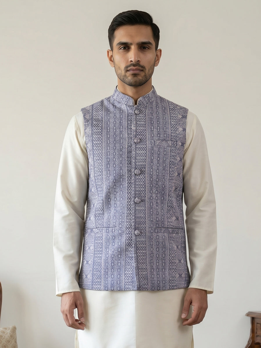 DesiQlo Men Woven Design Nehru Jacket and Kurta Pyjama Set - Blue