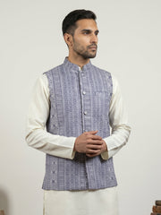 Traditional Woven Design Cotton Blend Nehru Jacket ( 65WC 4172Blue )