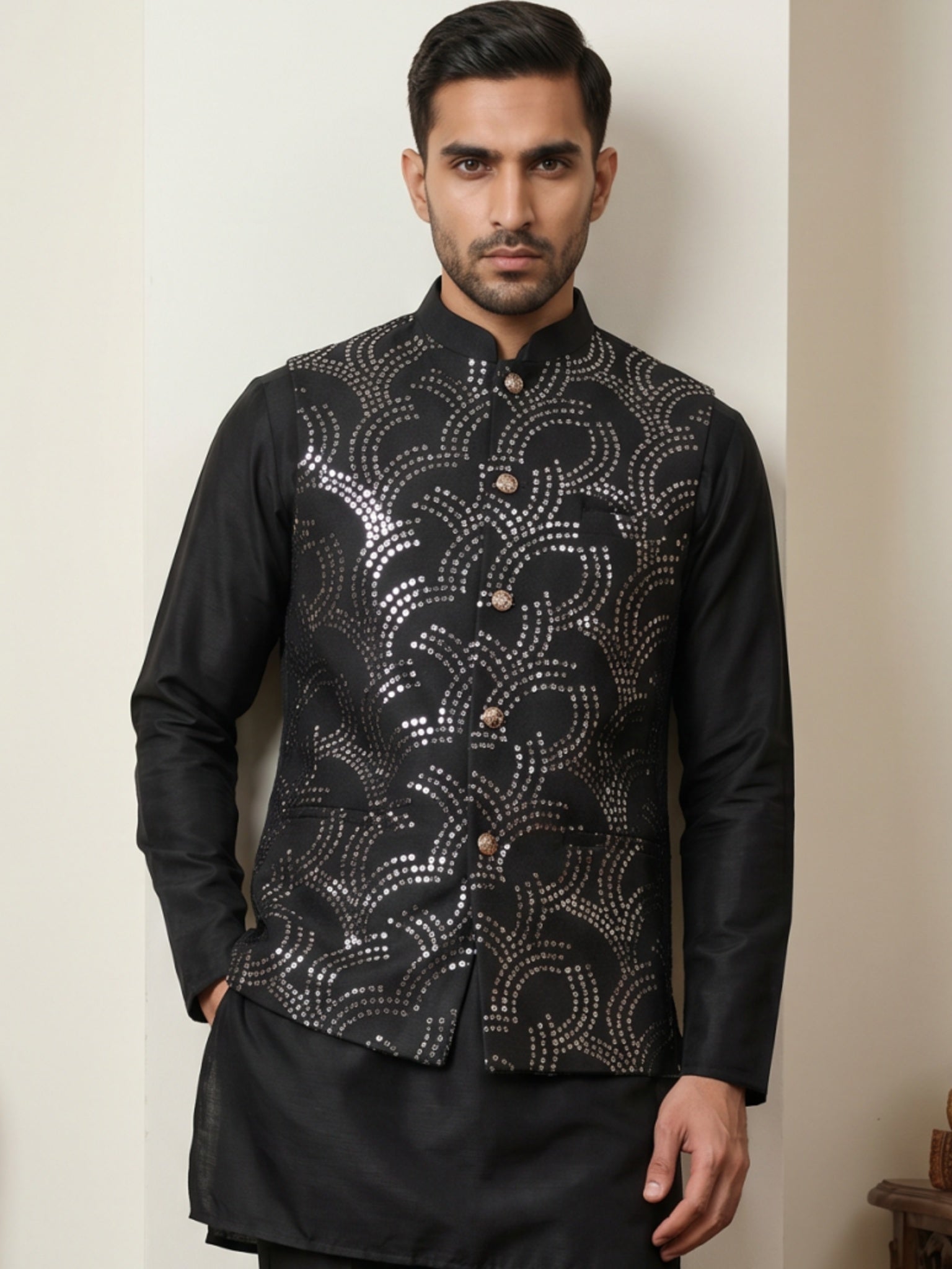 DesiQlo Men Embroidered Nehru Jacket and Kurta Pyjama S - 65WC_4173Bla