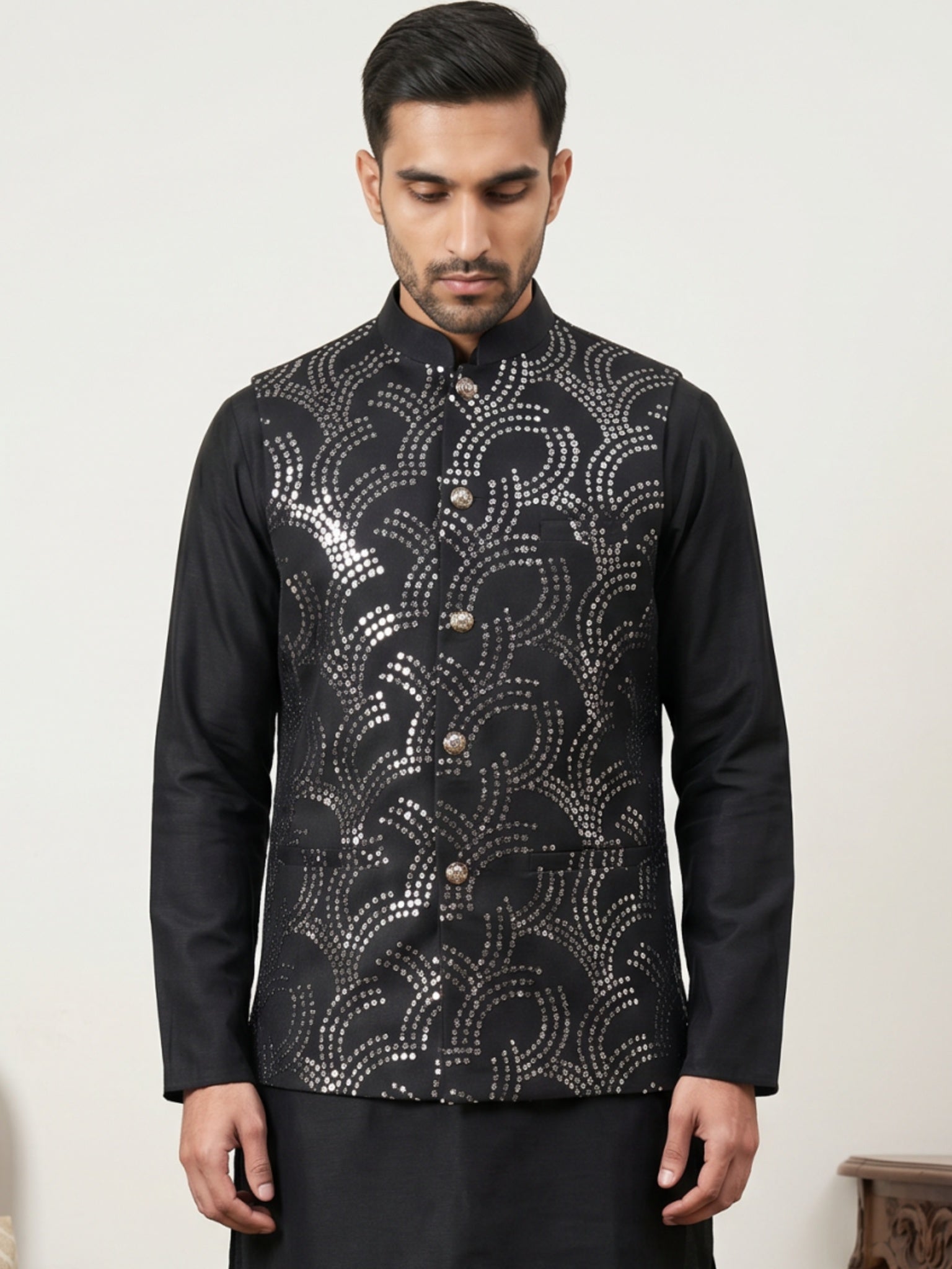 DesiQlo Men Embroidered Nehru Jacket and Kurta Pyjama S - 65WC_4173Bla