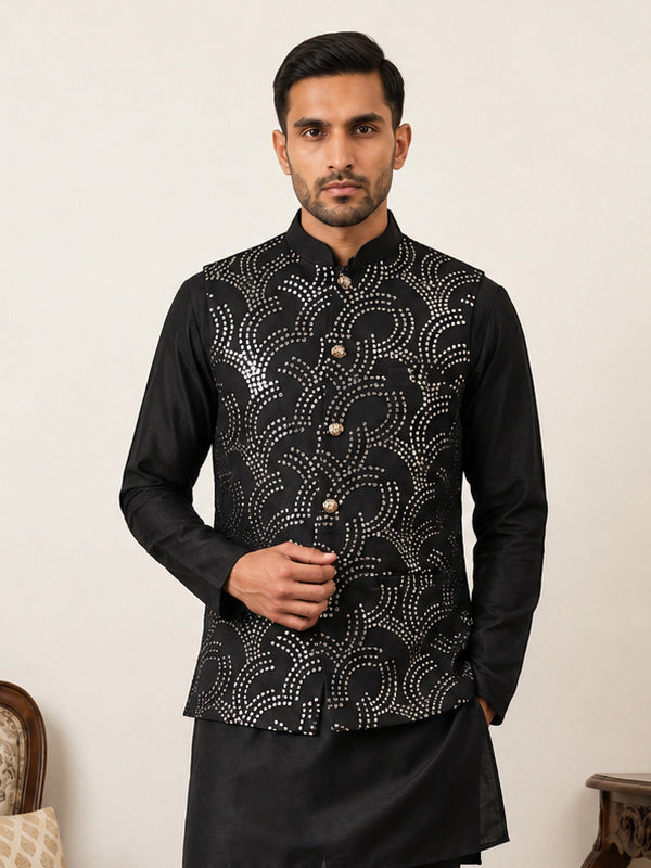 DesiQlo Men Embroidered Nehru Jacket and Kurta Pyjama S - 65WC_4173Bla