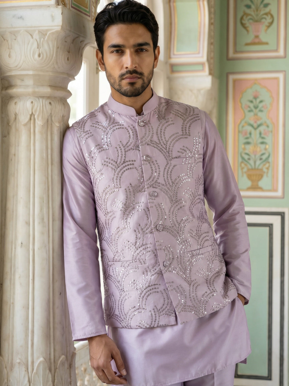 Men's Designer Sequins Embellished Nehru Jacket ( 65WC 4173Lavender )