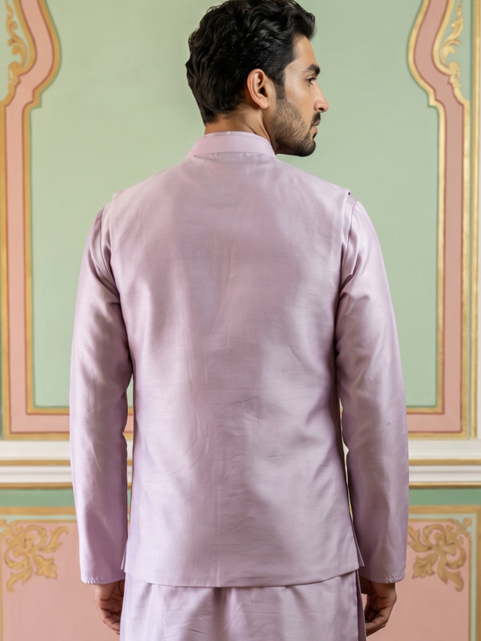 DesiQlo Men Embroidered Nehru Jacket and Kurta Pyjama S - 65WC_4173Lav