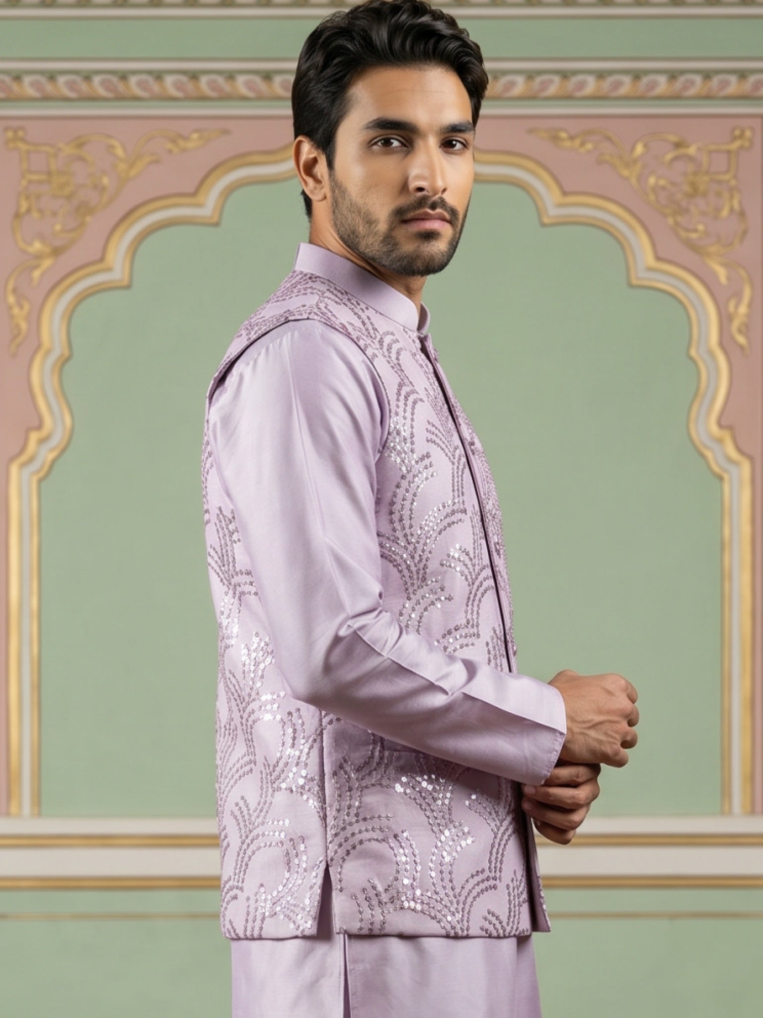 DesiQlo Men Embroidered Nehru Jacket and Kurta Pyjama S - 65WC_4173Lav
