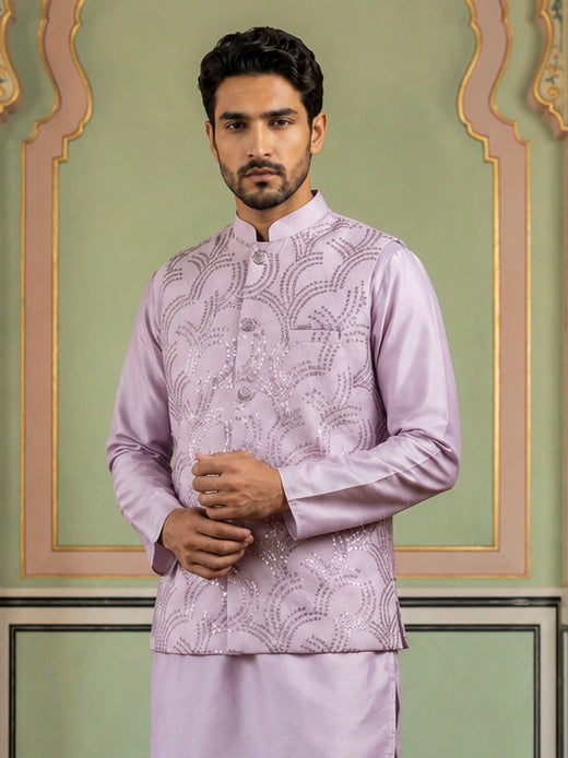 DesiQlo Men Embroidered Nehru Jacket and Kurta Pyjama S - 65WC_4173Lav