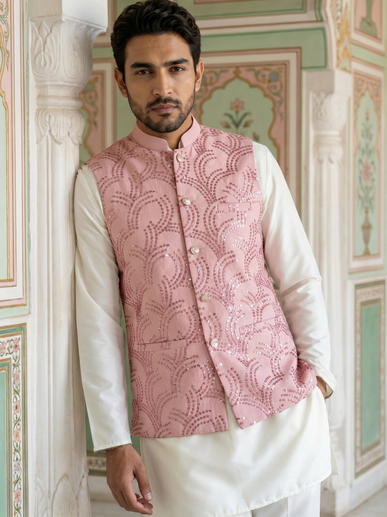 DesiQlo Men Embroidered Nehru Jacket and Kurta Pyjama S - 65WC_4173Pea