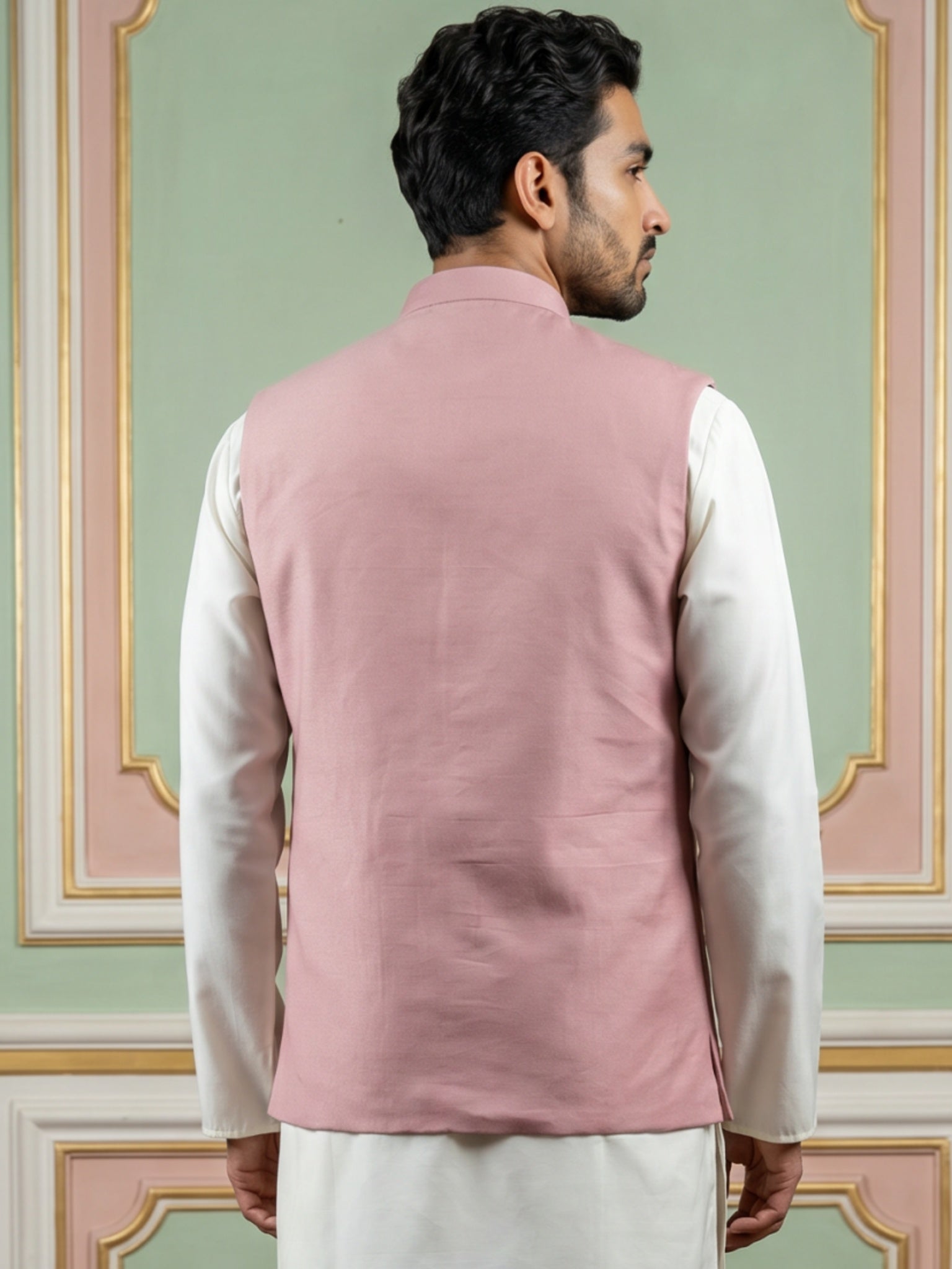 DesiQlo Men Embroidered Nehru Jacket and Kurta Pyjama S - 65WC_4173Pea