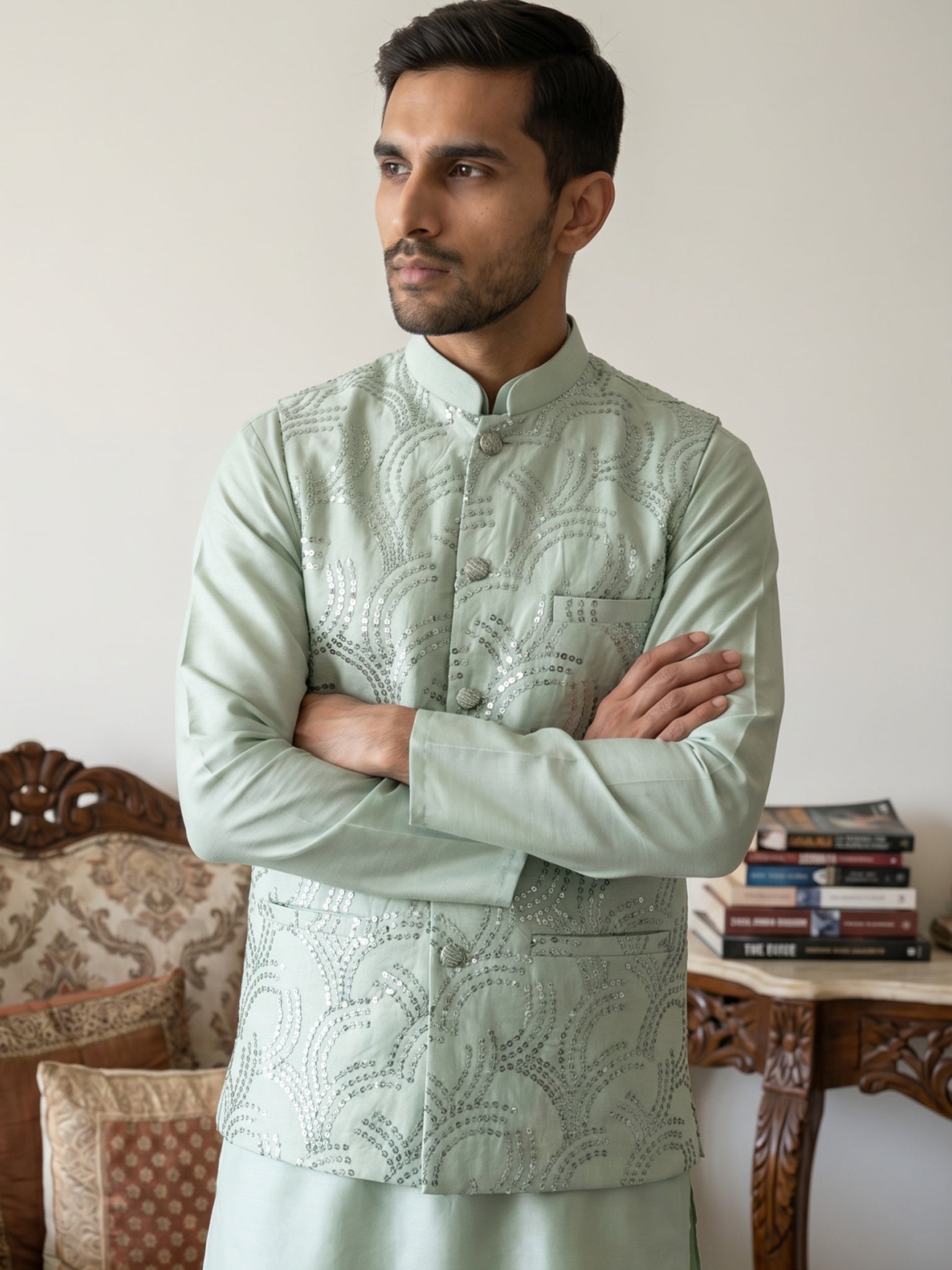 DesiQlo Men Embroidered Nehru Jacket and Kurta Pyjama S - 65WC_4173Pis