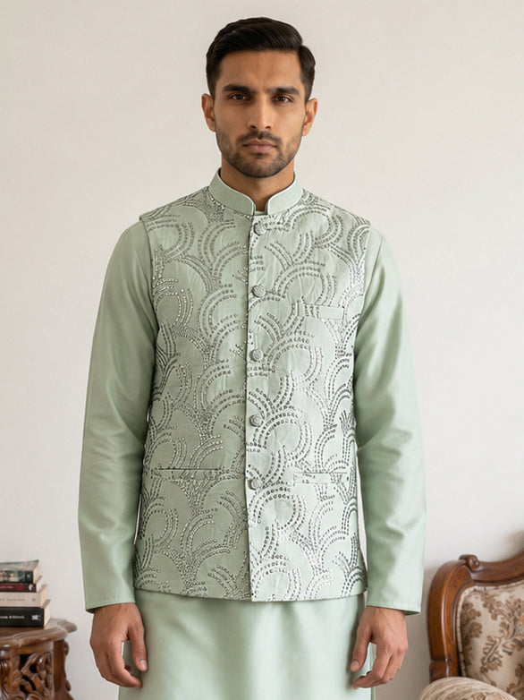 DesiQlo Men Embroidered Nehru Jacket and Kurta Pyjama S - 65WC_4173Pis