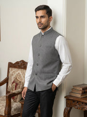 Men's Striped Cotton Blend Nehru Jacket ( 65WC 4174Grey )