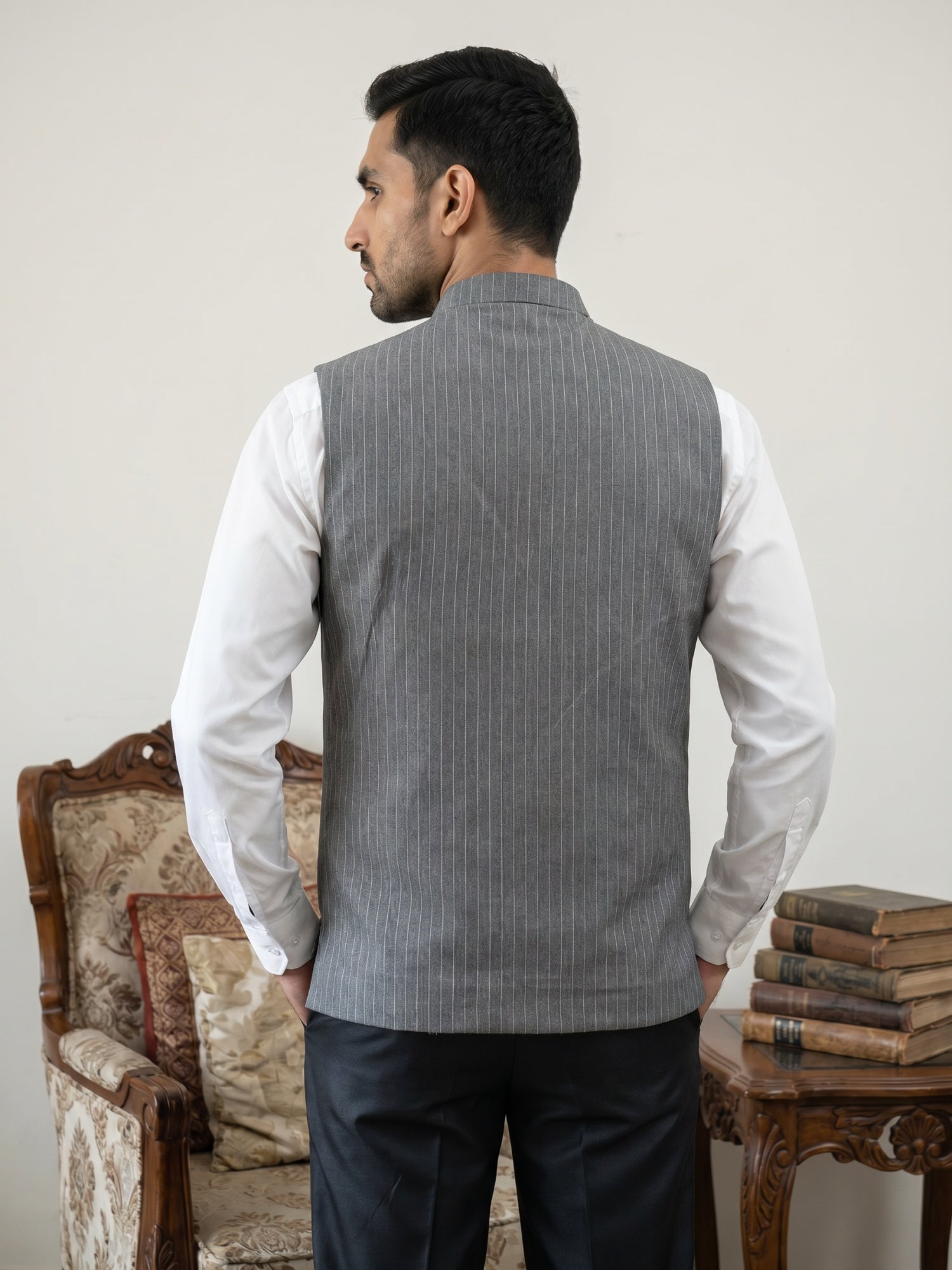 DesiQlo Men Striped Nehru Jacket and Kurta Pyjama Set - Grey