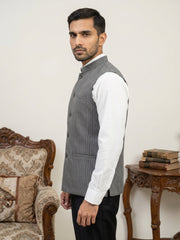 Men's Striped Cotton Blend Nehru Jacket ( 65WC 4174Grey )