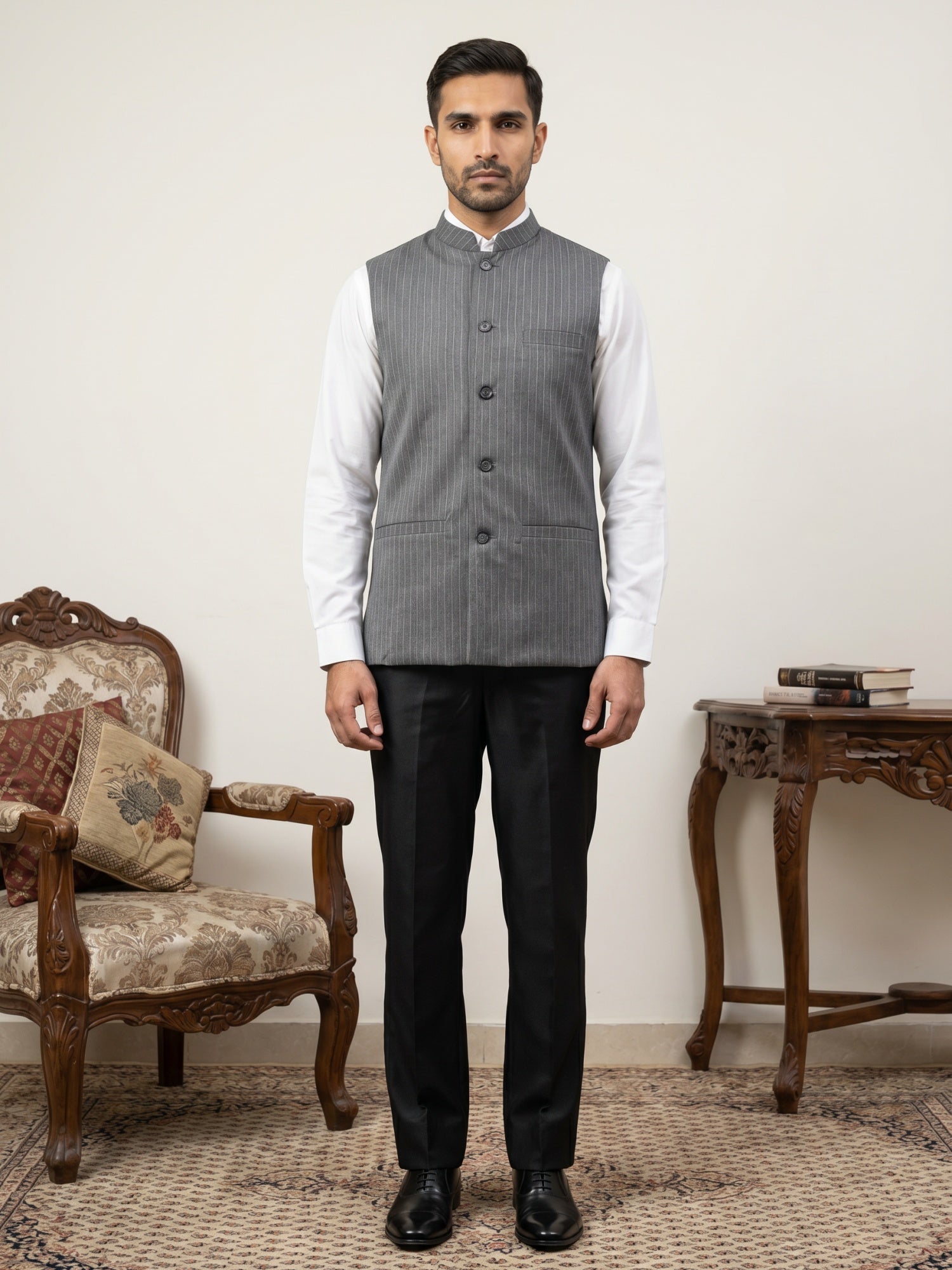 DesiQlo Men Striped Nehru Jacket and Kurta Pyjama Set - Grey