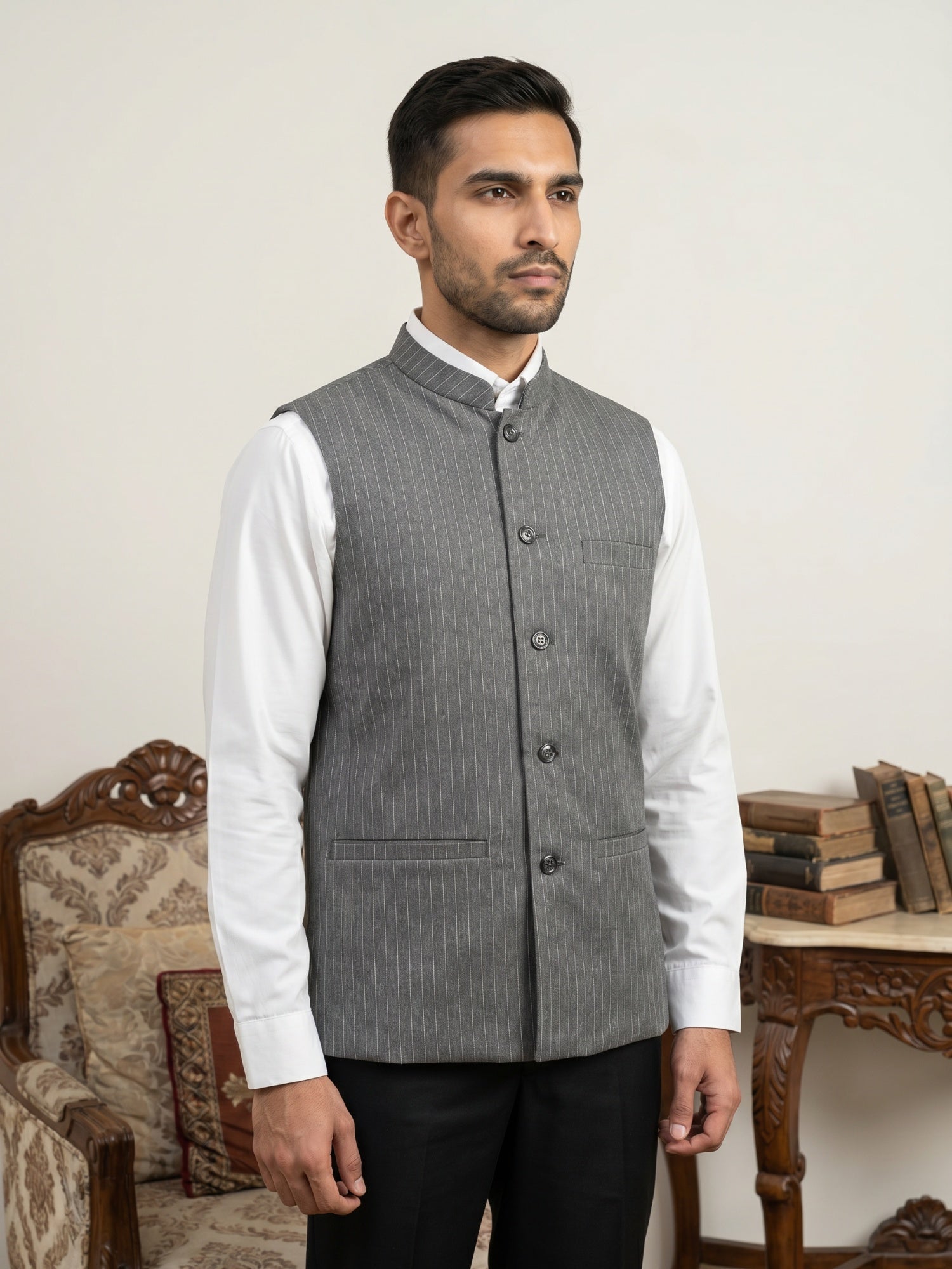DesiQlo Men Striped Nehru Jacket and Kurta Pyjama Set - Grey