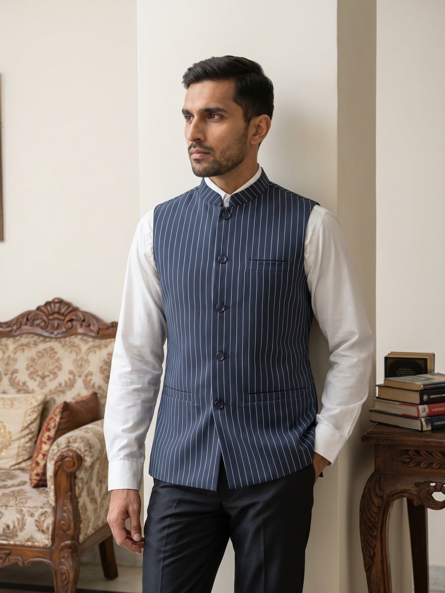 DesiQlo Men Striped Nehru Jacket and Kurta Pyjama Set - Blue