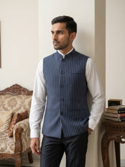 Men's Striped Cotton Blend Nehru Jacket ( 65WC 4174Navy )