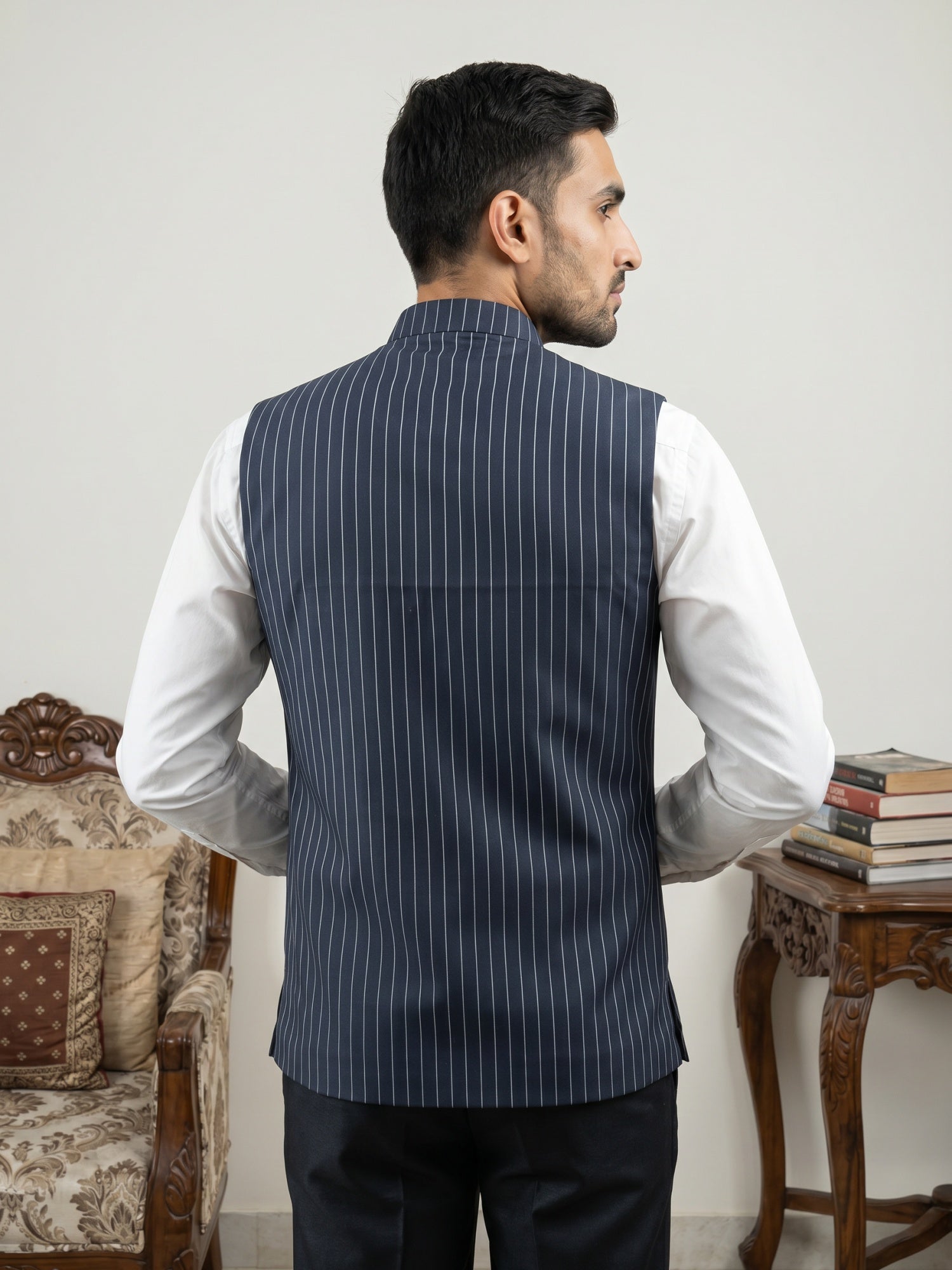 DesiQlo Men Striped Nehru Jacket and Kurta Pyjama Set - Blue