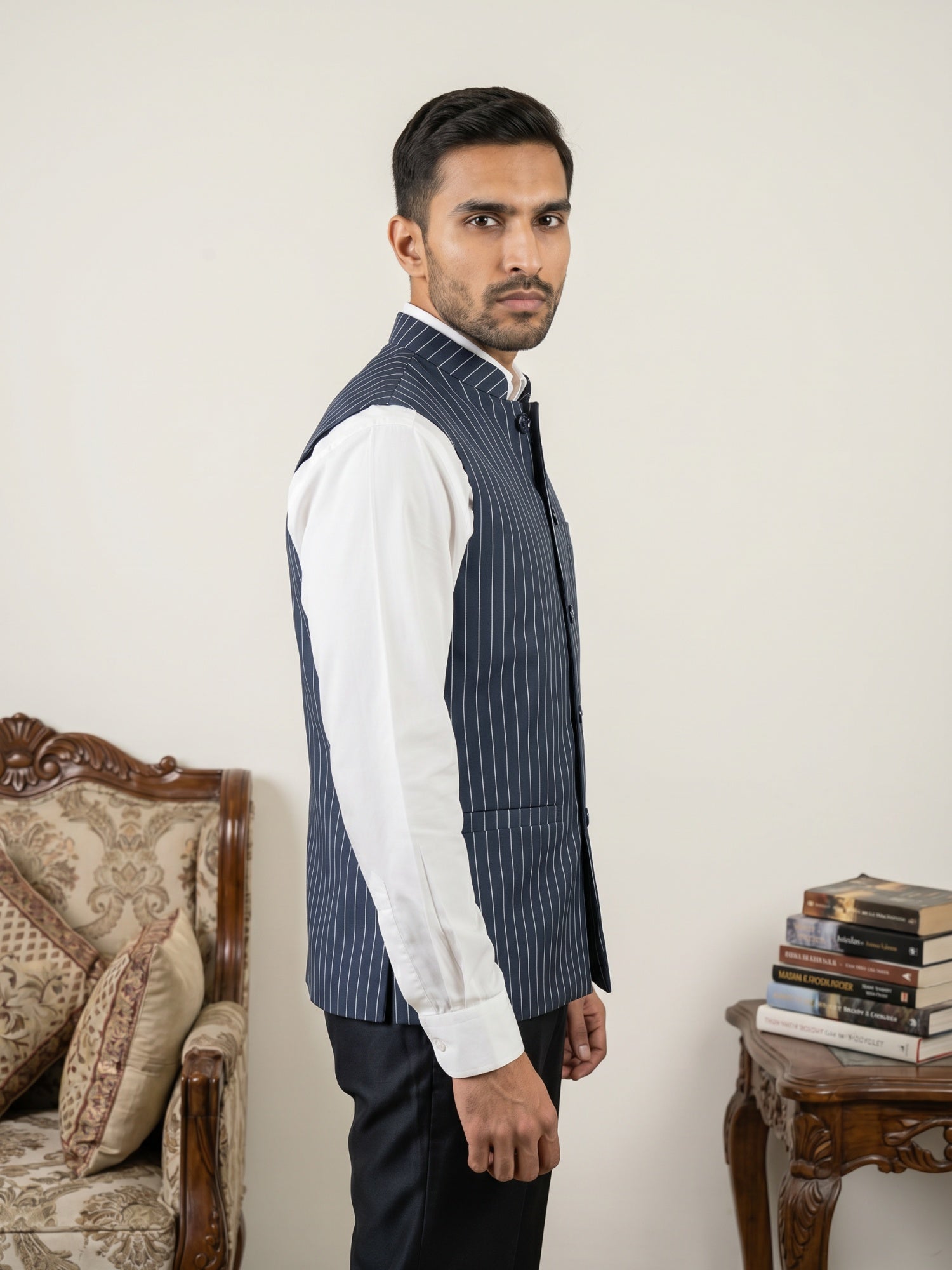 DesiQlo Men Striped Nehru Jacket and Kurta Pyjama Set - Blue