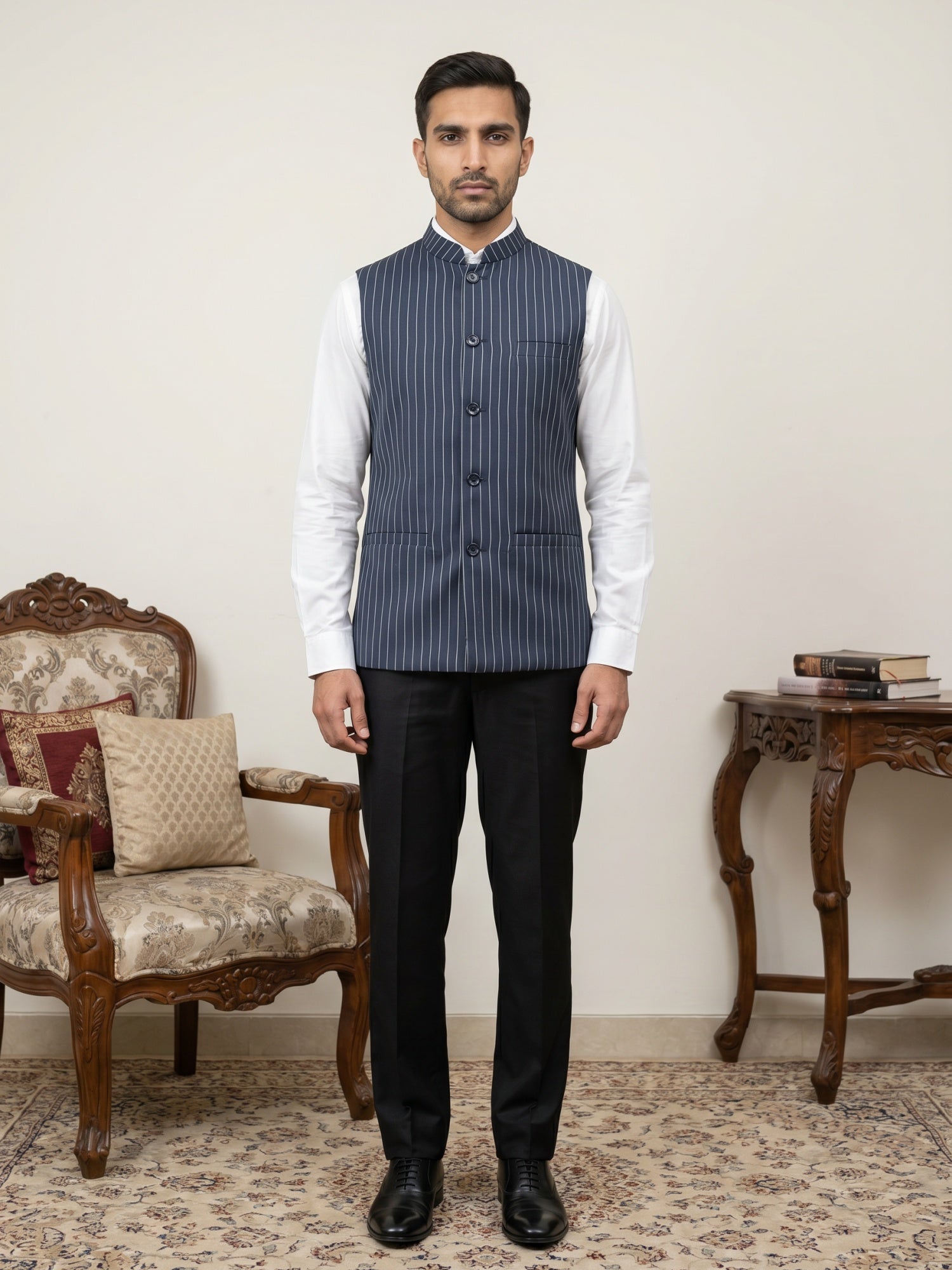 DesiQlo Men Striped Nehru Jacket and Kurta Pyjama Set - Blue