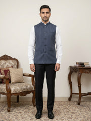Men's Striped Cotton Blend Nehru Jacket ( 65WC 4174Navy )